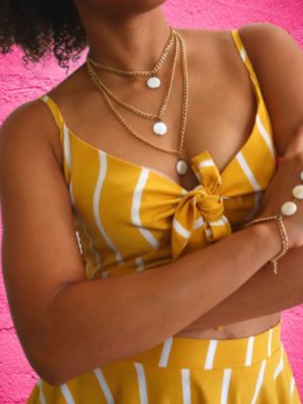 (12) Striped Tie-Front Yellow Crop Top